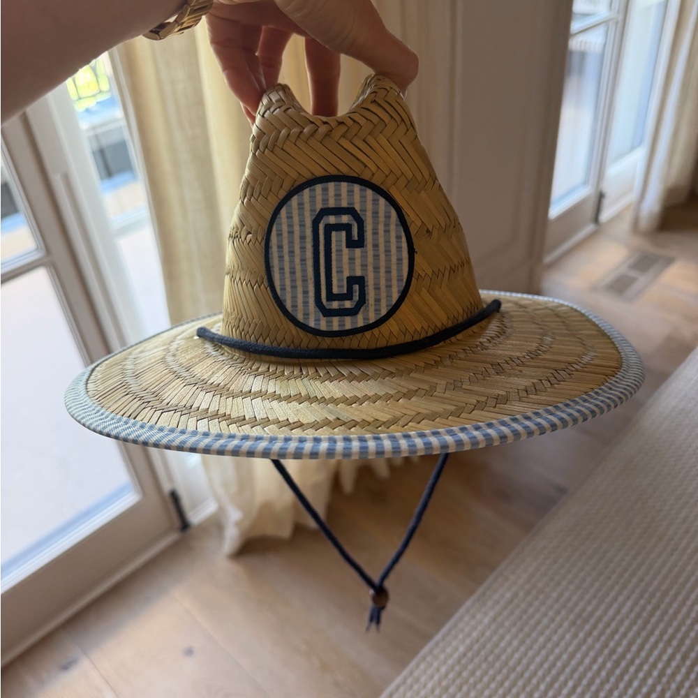 Kids Straw Sun Hat with Navy 'C' Patch and Blue Trim